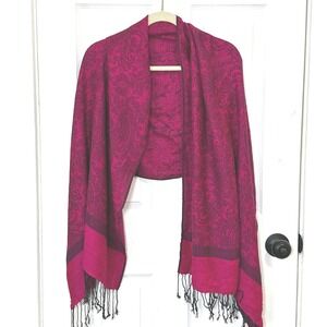 Pashmina Silk Blend Paisley Shawl Wrap Scarf Fuchsia Magenta Pink Fringe Trim